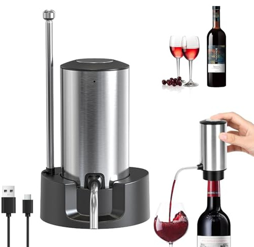 JIMACRO Aireador y Dispensador de Vino Eléctrico, Dispensador Automático Decantador de Vino con Base, Aireador de Vin Electrico Vertedor Recargable para Amantes del Vin (Aceros Inoxidables)