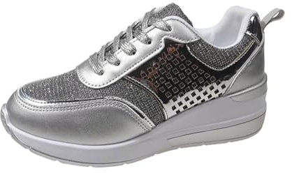 Kompenserade sneakers för kvinnor, sneakers för dam tjock sula sko fotavlastning skor paljetter sneaker stöd plantar sneakers snörning skor, Silver, 37 EU