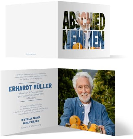 Kartenmachen.de Individuelle Trauerkarten (10 Stück) Einladung Trauerfeier - Fotoschrift Bildausschnitt