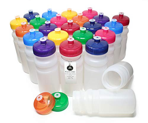 Rolling Sands Reusable Bulk Water Bottles 24 Pack - 20 Oz Sports Water Bottles, USA Made, BPA-Free, Wide Mouth for Easy Cleaning, Dishwasher Safe, Break Resistant - Clear Frost Bottle/Variety Lid