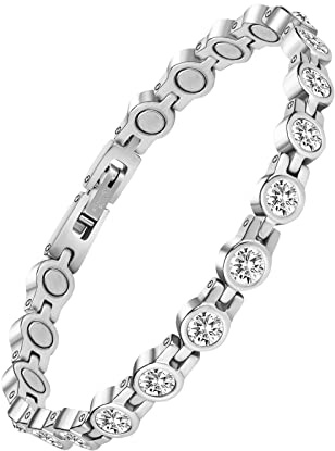JEROOT Pulsera magnética para mujer, pulsera de cristales blancos para mujer, piedra Reiki, longitud ajustable con herramienta de tamaño, pulsera de acero inoxidable plateado (3500 Gauss)