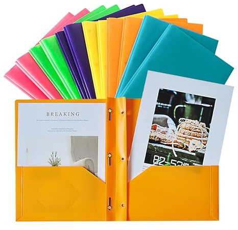Seashell 12 Pack 2 Pocket Folders with Prongs, Plastic 3 Hole Punched Folder with Two Pockets, Letter Size, Heavy Duty, Assorted Colors, for Office and Classroom Use