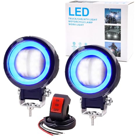 Ourbest Motorcycle Fog Lights with Switch,3inch Motorcycle auxiliary lights, Halo Round led lights, luces exploradoras para moto pair(White Beam with Blue Ring)