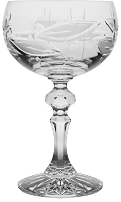 Barski Champagne Glasses - Flute - Saucer - Belle Coupe - Set of 6 Glasses - Hand Cut Crystal - Frosted Leaf Design - Each Glass is 6.5 oz Made in Europe