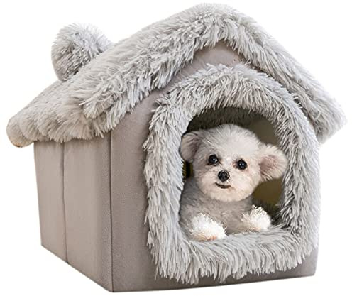 XWanitd Weiches Plüsch-Hundehütte, Haustierzelt, Winter, warm, Katzenhöhle, Hundehütte, Haustiernest, faltbar, für den Innenbereich, Katze, Kätzchen, Hunde, Welpen (Medium, Plüschgrau)