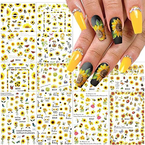 JMEOWIO Pegatinas Para Uñas El Verano Girasol, 12 Hojas Adhesivas Nail Art Stickers Decoración Manicura