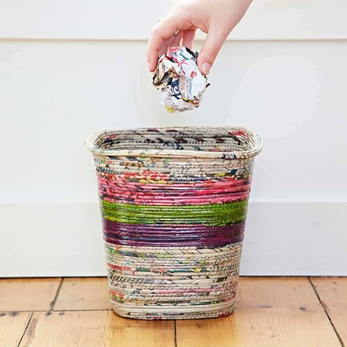 Corbeille à papier recyclée | Panier Rangement Coloré et Unique | Fait à la main, Commerce Équitable et Durable (Naturel/Rose/Vert/Violet)
