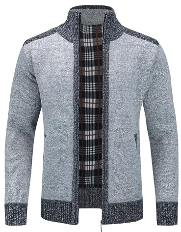 YOUTHUP Cardigan Homme en Maille Zippée Hiver Veste Tricotée Casual Chaude | Doublée en Polaire, Col Montant, 2 Poches, Contraste de Couleurs, Veste de Mi‑Saison, Douce, Confortable, Loisir