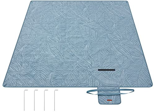 SONGMICS Picnic Blanket, 200 x 200 cm, with 4 Ground Pegs, Large Picnic Mat for Beach Park, Waterproof Layer, Machine Washable, Foldable, Leaf Pattern and Blue GCM010Q02