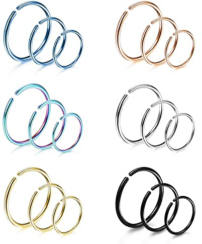 Momeski 18 Piezas de Aro de Nariz de Acero Inoxidable 20 Gauge Anillo Pendiente Tabique, Cartílago, Hélice, Piercing de Oreja para Piercing de Cuerpo, 6 mm, 8 mm, 10 mm (6 colores, 3 tamaños)