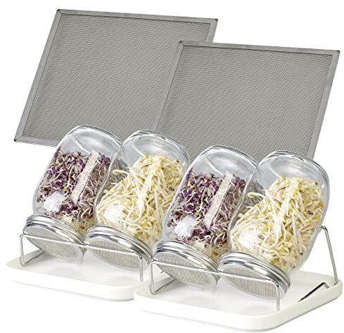 Royal Gardineer Kresse Anzucht: 4er-Set Keimgläser mit Doppelständer, Kressesieb, Auffangschale, je 1l (Sprossenanzuchten, Gläser für Sprossenzucht)