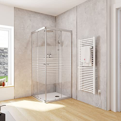 Schulte Duschkabine Corner Eckeinstieg mit Schiebetüren Silberfarben 4 mm Sicherheitsglas (ESG) Dekor Querstreifen 80x80 cm, Montage auf Duschwanne oder Fliese