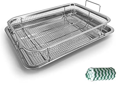 Air Fryer Stainless Steel Basket for Oven, Stainless Steel Crisper Tray and Pan Tray & Grease Catcher | Even Cooking | Non-Stick | Healthy Cooking Air Fry Mesh Basket Set for Fries/Bacon Rack
