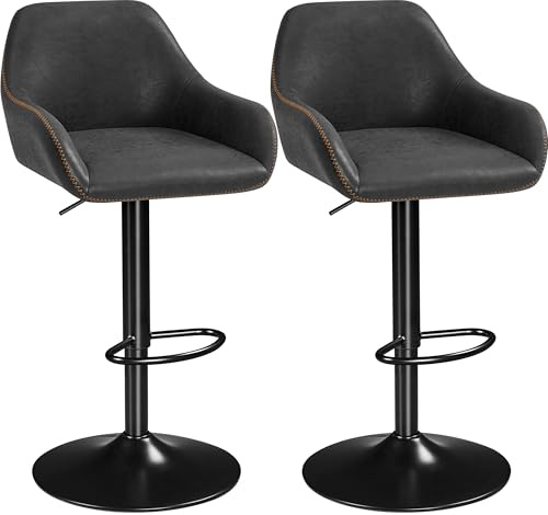 Yaheetech PU Leather Adjustable Swivel Bar Stools Set of 2, Black | Gas Lift Height Adjustment Bar Chairs, 360° Swivel Seat, Padded Backrest & Armrest, Footrest, for Kitchen Island, Home Bar