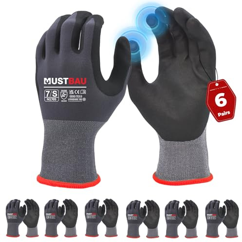 Mustbau 6 Paires Gants de Travail à Écran Tactile, Gants Nitrile Résistants à l'Abrasion, Excellente Préhension Convient pour Jardinage, Mécanique, Chantier (Gris,S)