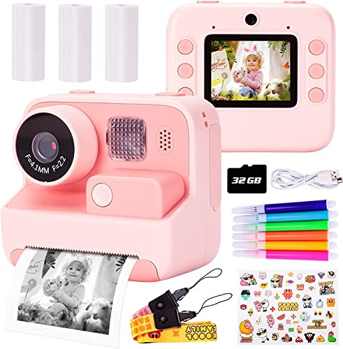BIGFOX Appareil Photo Instantané Enfants - HD 1080P/4800W Caméra Vidéo Selfie avec 32GB SD Carte et 3 Rouleaux Papier, 2.0 Pouces, Jouets Cadeaux pour Enfants garçons et Filles de 3 à 12 Ans (Rose)
