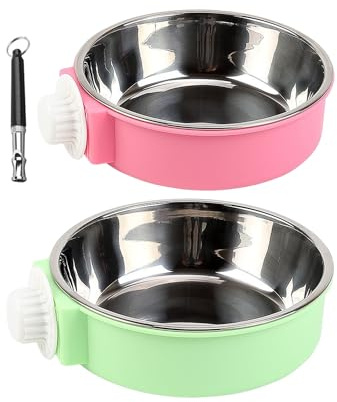2 Stück Hundenäpfe Mit 1 Stück Hundepfeife, Hundewassernapf, Edelstahl-Hundenapf, Hundetrinkbecken, Hängender Hundenapf, Unabhängiger Fester Futterspender, Haustiergeschirr, Grün, Rosa