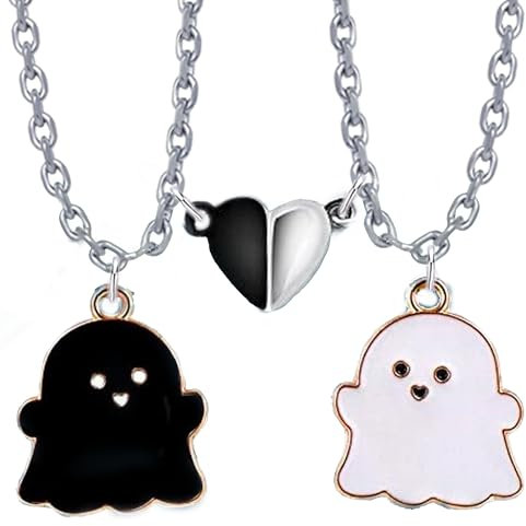 Bixorp Gespenst Freundschaftskette für 2 - Schwarz/Weiß - Süße BFF Kette mit magnetischem Herz - Niedlicher Anhänger für beste Freunde - Silber