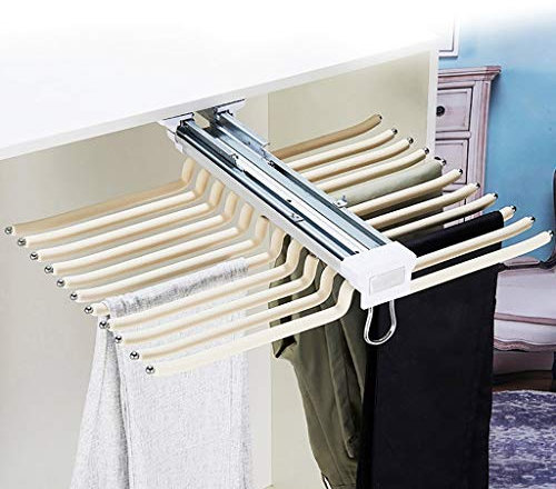 SIBEG Ausziehbare Hosen-Gleitschiene für den Kleiderschrank, Hosenständer mit Dämpfer, Krawattenhalterschiene für einen 48 cm tiefen Schrank, 22-Arm-Organizer-Regal