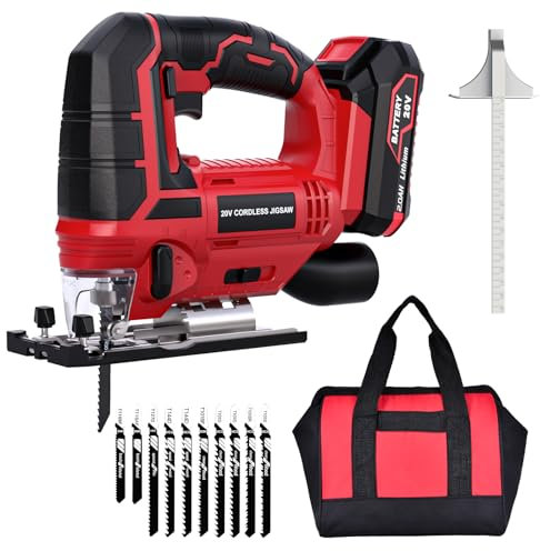 Stichsäge - 20V Akku Stichsäge für die Holzbearbeitung -45 °bis 45° Fasenschneiden mit 4 Orbitaleinstellungen, 2700 SPM Stichsäge mit LED-Licht, 10-Sägeblattsatz, 2,0Ah-Akku, 1 Schnellladegerät (Rot)