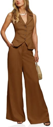 Cicy Bell Conjuntos de Chaleco para Mujer Verano 2 Piezas Trajes Chaleco Blazer Corto con Botones y Pantalones de Pierna Ancha, Marrón, M