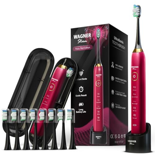 Wagner Stern Ruby Red Edition ultrasonic whitening Electric Toothbrush Features Five Brushing Modes, Eight Soft Brush Heads, and a Luxurious Travel case.