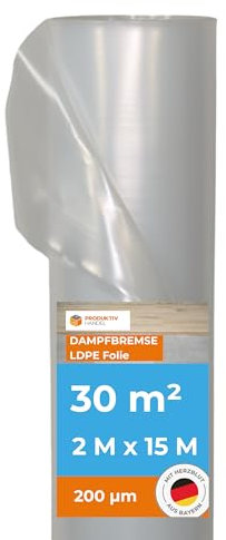 Dampfsperre Folie Rolle 2m x 15m | LDPE Folie extra reißfest 200 µ | transparente Dampfbremsfolie für Fußböden | passt perfekt unter Trittschalldämmung | Baufolie als Feuchteschutz