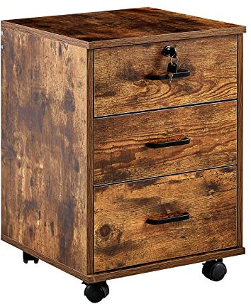 CLIPOP Rollcontainer Abschließbare mit 3 Schubladen,Mobiler Aktenschrank Büroschrank mit Rollen,Unter Schreibtisch Schrank Vintage Braun