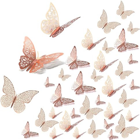 36 Stück 3D Schmetterlinge Deko, Aufkleber, 3 Stil DIY Dekoration für Wohnzimmer, Kinderzimmer, Weihnachten, Hochzeit, Party, Wanddeko, Tischdeko (Roségold)