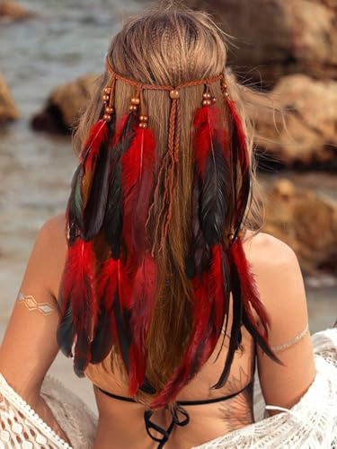 Fashband Indischer Haarreif mit Federn und Quaste, Hippie-Stil, tribal, Haaraccessoire für Damen (rot, Einheitsgröße)