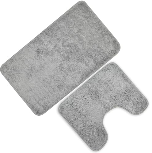 volumoon 2 Piece Non Slip Bathroom Rugs Set,Absorbent Bathroom Contour Rug,Washable Microfiber Bathroom Mat,non Slip Absorbent Shaggy Bathroom Mat Set, Bath Rug and U Shape WC Toilet Rug, Grey