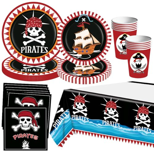 51 Pcs Vaisselle Thème Pirate, Ensemble de Vaisselle Pirate pour 10 Personnes, Assiettes de Fête Pirate, Vaisselle en Papier, Pirate Anniversaire, Vaisselle Pirate Fête D'anniversaire Fournitures