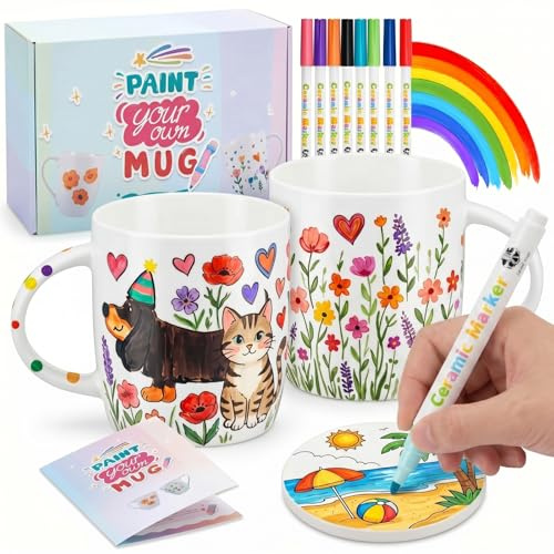 Geiserailie Keramik Tasse Bemalen Set mit 2 Tassen 2 Untersetzer 12 Porzellanstifte Erwachsene Bastelset Kaffeebecher DIY Geschenk für Abschluss, Untersetzer Nicht im Ofen Erhitzen(Normaler Stil)