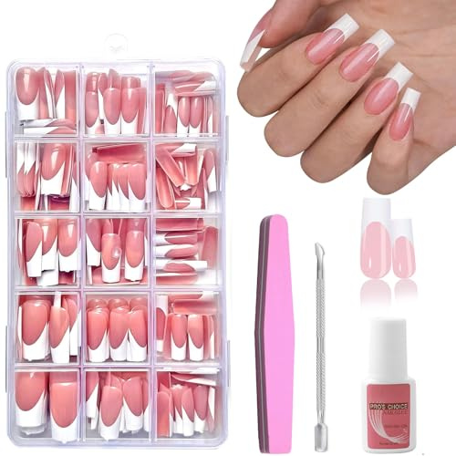 Press on Nails - 240 Pcs Coffin French False Nails Set - Fake Nail Nude Color French False Nail Kit - 15 Size Full Cover Stick On Nail - Acrylic Tips And Glue for Manicure