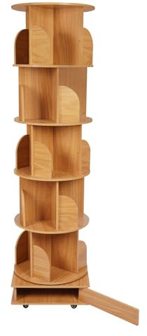 Akuoyiexemye 5 Etagen 360° Drehbares Massivholz Bücherregal mit 4 Universalräder, 46×46×173cm Mehrstöckiges Lagerregal Freistehendes Bücherregal 200-250 Bücher (Holz)
