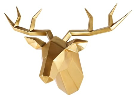 XYQXYQ Hirschkopf-Wanddekoration, künstliche Tierkopf-Skulptur aus Kunstharz, goldfarbener Hirschkopf-Wandschmuck, moderne Geweih-Wanddekoration, dekorativer Hirschkopf für Wohnzimmer, Schlafzimmer