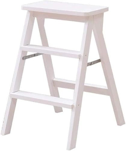 Escabeau pliable portable en bois avec 3 marches pour cuisine, bureau, escabeau de sécurité multifonctionnel (blanc)