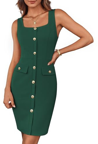 GRACE KARIN - Abito da donna, elegante, senza maniche, con scollo quadrato, abbottonato, con cintura, abito da lavoro, formale, abito da cocktail, abito avvolgente, abito aderente, mini abito con