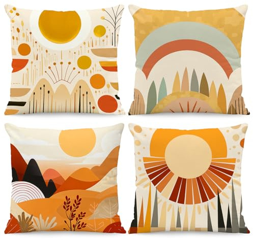 BREASOME Kissenbezug 45x45 cm 4er Set Kissenbezüge Abstrakte Geometrisches Sonne Regenbogen Gebirge Kissenhülle Dekorative Sofakissen Dekokissen Zierkissenbezug für Sofa Couch Wohnzimmer Schlafzimmer | Morandi warmer Kissenbezug für Sofa, Büro, abstrakte geometrische Heimdekoration, Orange