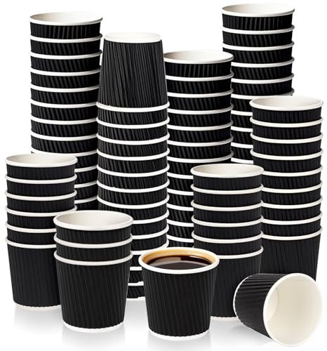 LeonBach Confezione da 100 tazzine da caffè usa e getta da 113,4 g, in carta ondulata, isolanti, per caffè, caffè, feste, picnic, bevande calde e fredde, cacao, tè, colore: nero