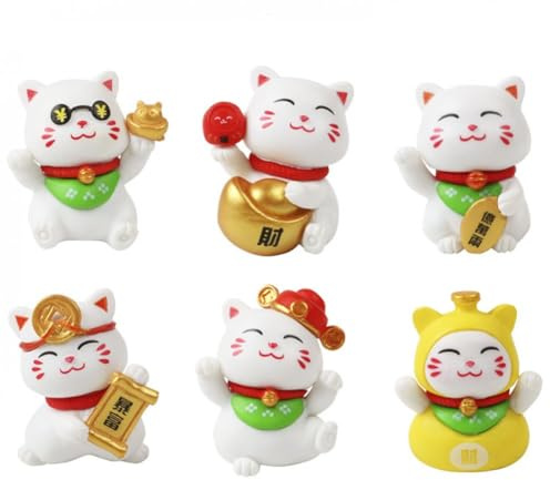 Uzztfa Lot De 6 Mini Figurines De Chat Porte-Bonheur, Adorables Statues Miniatures De Chat Chinois, Porte-Bonheur, Feng Shui, Petite Décoration De Bureau