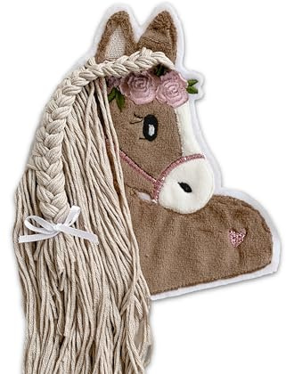 Applikation Pferd mit Wollmähne Aufbügler für DIY Schultüte Zuckertüte Bügelbild Patch Bügelpatch Pferd braun Beige Rosa Glitzer (Klein (9x10 cm))