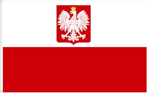 BANDERA DE POLONIA CON ESCUDO. CALIDAD RASO PREMIUM. TAMAÑO GRANDE 150X90 CM.