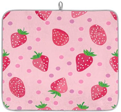 Strawberry Fruit Polka Dot Absorbent Dish Drying Mat for Kitchen Counter, Reversible Microfiber Dish Drying Pad with Hanging Loop for Glassware Utensils Pots 16x18 in