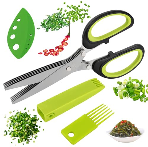 Arvoni 4 forbici per erbe aromatiche a 5 strati, manico ergonomico con coperchio di sicurezza, pettine per la pulizia, spogliarello, forbici da cucina per erbe, erba cipollina, prezzemolo