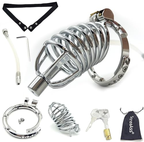 ScreaAss Keuschheitskäfig Edelstahl Herren Metall Lang Peniskäfig Mit Verstellbar Penisring, Harnröhren Dilatator Und Gürtel Belüftung Keuschheitsgürtel Chastity Cage Male Keuschheit Gerät,Silber,Set