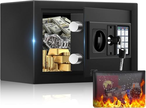 Compact Steel Safe Box with Digital Keypad Lock & Fireproof Money Bag | Small Safe with Silent & Alert | Wall & Floor Mountable Home Security Safe for Cash Money Valuable Home Office | 27×17×17 cm