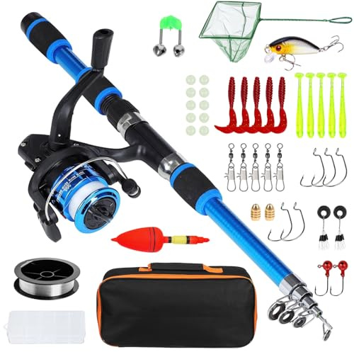 UBERMing Angelset für Kinder, Kinderangel Starterset 1.8m Teleskop Angelrute mit Angelrolle Angelköder 100m Angelschnur Angelkescher und Tragetasche, Angel Zubehör Set für Kinder Erwachsene Einsteiger