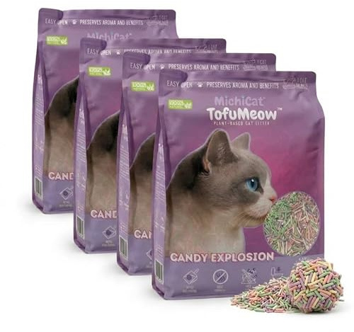 MichiCat Arena de Tofu para Gatos TofuMeow, 12 kg (4x3kg) Arena Aglomerante para Gatos Vegetal Biodegradable, Libre de Polvo, Control de Olores Avanzado, Desechable en WC, Pack Ahorro Larga Duración