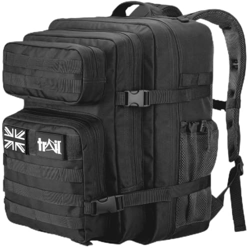 Trail Tactical Backpack, 45L, Black | Military Army Style Rucksack, MOLLE System, Laptop Sleeve, Full Clamshell Opening, Padded Back & Adjustable Chest Strap